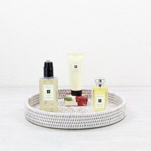 NEW Eco Handcraft Small Round Tight Woven Rattan Tray-Whitewash